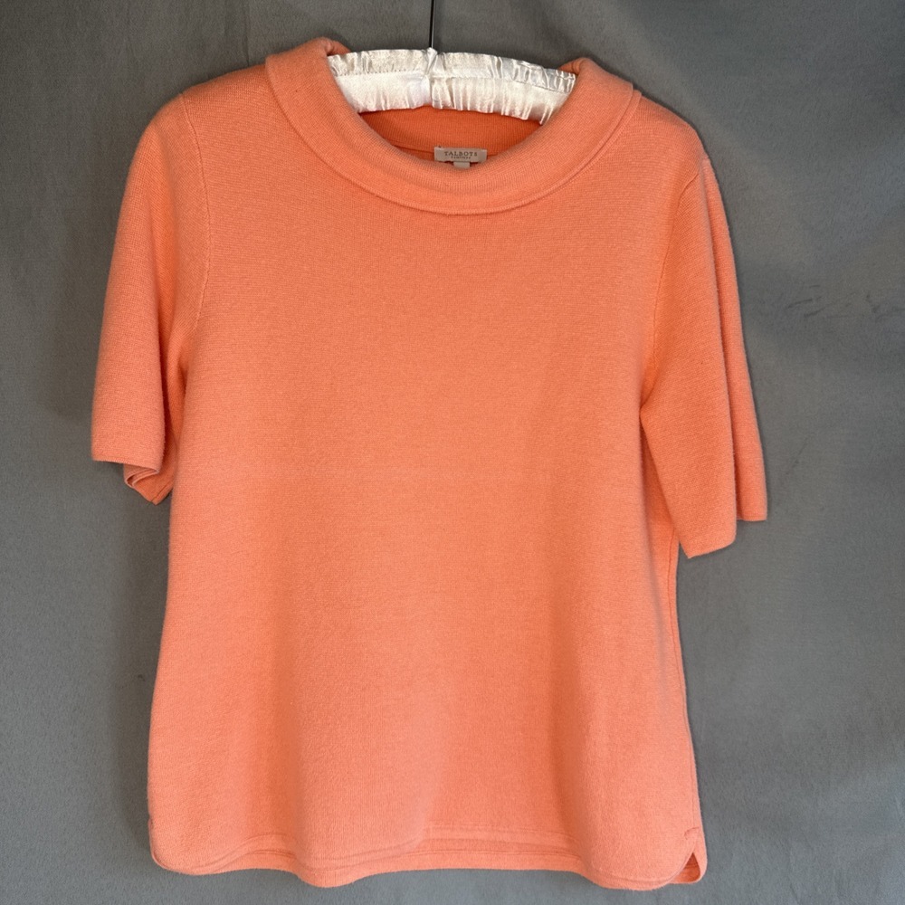 Talbots Sweater Women Coral S/S Mock Cowl Neck Knit Shirt Top Sz Medium Petite
